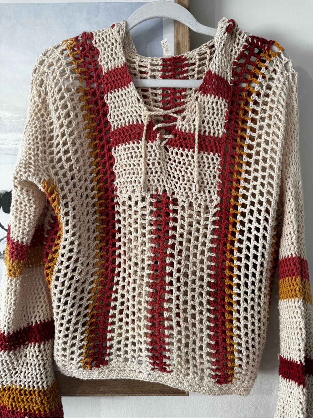 Open-Knit Lace-Up Pullover Sweater in Cream with Rust & Mustard Stripes - Picture 4 of 7